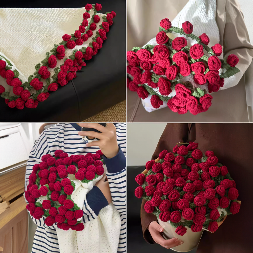 flysmus® Hand-Knitted Rose Blanket DIY Kit & Ready-Made Gift